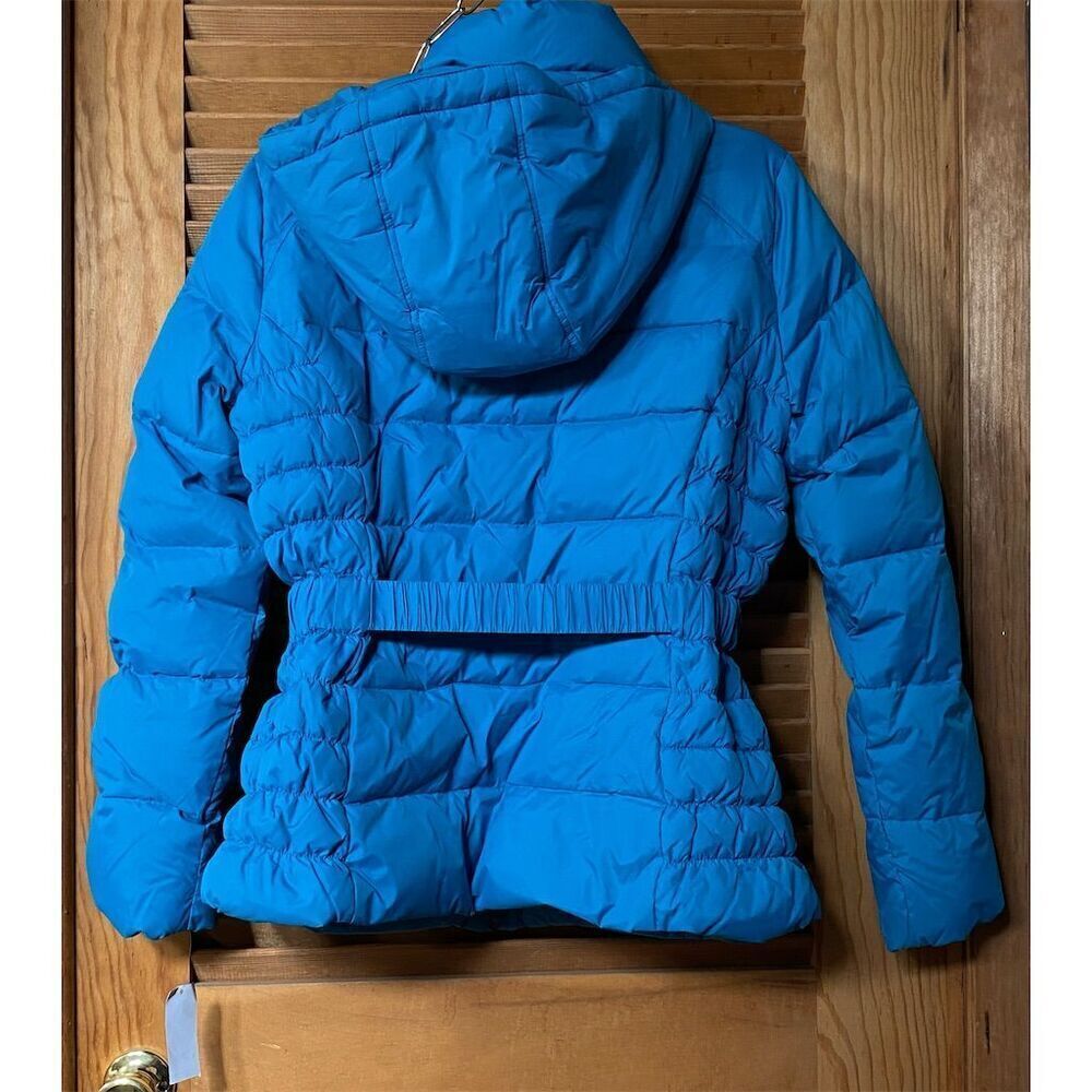 Women's Large Blue Puffers Jacket with Belt Hooded Winter Casual - Picture 4 of 6